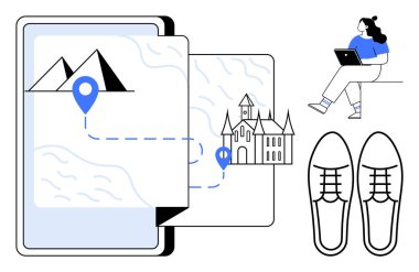 Dağlardan tabletteki bir kaleye giden bir yol tablet kullanan bir kadın ve sıradan ayakkabılar. Seyahat uygulamaları, seyahat planlaması, seyrüsefer hizmetleri, tatil rezervasyonları, dijital rehberler için ideal