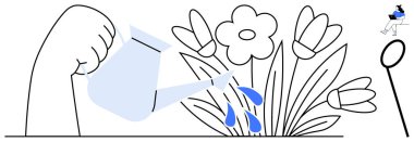 Mavi bir teneke kutudan çiçek açan damlacıkların üzerine su dökülüyor. Arka planda sandalyede oturan küçük bir figür. Büyüme, yetiştirme, bahçıvanlık, doğa, bakım ve çevre için ideal