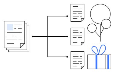 Çoklu dokümanlara, balonlara ve hediye kutusuna bağlı dokümanlar yığılmış. İş akışı, organizasyon, kutlama, proje planlaması, etkinlik yönetimi sunumu için ideal. Çizgi