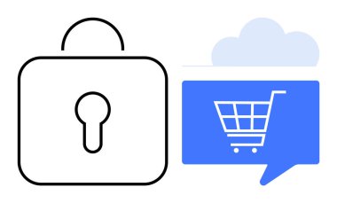 Bulutların önünde alışveriş arabasıyla mavi konuşma balonunun yanında asma kilit sembolü. E-ticaret, siber güvenlik, çevrimiçi alışveriş, bulut hizmetleri, veri koruması, dijital işlemler için ideal
