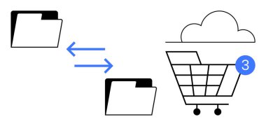 Dosya dizinleri bir bulut simgesine bağlı online alışveriş arabasıyla veri alışverişi yapıyor. Dijital işlemler, e-ticaret, bulut depolama, dosya paylaşımı, veri yönetimi, çevrimiçi hizmetler ve teknoloji için ideal
