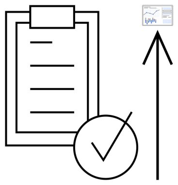 İşletme kontrol listesi ve yukarı doğru ok büyüme ve başarıyı gösteriyor. İş planlaması, proje yönetimi, hedef belirleme, görev izleme, verimlilik iyileştirme, ilerleme için ideal