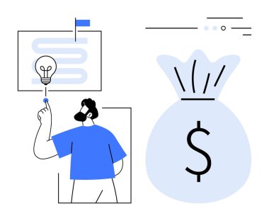 Adam büyük bir dolar işaretli para çantasının yanında labirent yolu olan bir ampulü işaret ediyor. Finans, yatırım, iş stratejisi, girişim planlaması, yenilik, mali büyüme, ekonomik büyüme için ideal