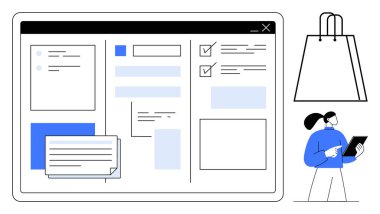 Kullanıcı kontrol tableti ve alışveriş torbası ile e-ticaret web sitesi arayüzü. Çevrimiçi alışveriş, UXUI tasarımı, dijital pazarlama, web geliştirme, e-ticaret, kullanıcı katılımı, perakende satış için ideal. Satır metaforu