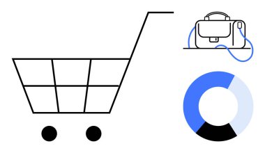 Alışveriş arabası grafiği, iş çantası ve dairesel yüzde şeması. İş, e-ticaret, finans, pazarlama, veri analizi, satış, dijital dönüşüm için ideal. Satır metaforu