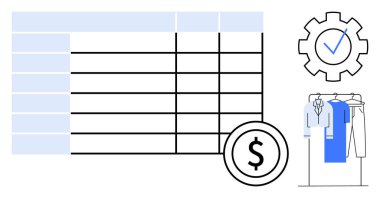 Clothing rack with shirts, dollar sign, table interface, and checkmark inside gear. Ideal for retail management, inventory control, fashion industry, accounting, business analysis workflow clipart