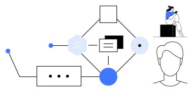 Geometrik şekiller çizgiler ve noktalarla birbirine bağlanır, bir insan kafası ana hatları, elinde kitap olan oturan bir insan. İşlem görselleştirme, iş akışı şemaları, eğitim araçları, teknoloji sunumları, ağ için ideal