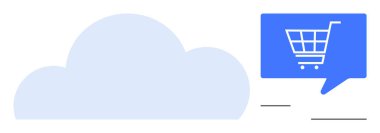 Solda bulut, sağda alışveriş arabası ikonu olan konuşma balonu. Bulut bilgisayarı, veri depolama, e-ticaret, çevrimiçi alışveriş, teknoloji, dijital pazarlama ve internet hizmetleri için ideal. Çizgi