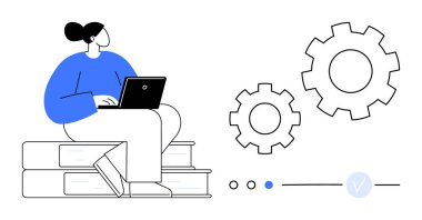 Dizüstü bilgisayarda çalışan bir insan, istiflenmiş kitapların üzerinde otururken. Arka planda vites ve ilerleme göstergeleri var. Üretkenlik, eğitim, ev işi, teknoloji, ilerleme izleme ve öğrenme için ideal