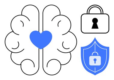 Merkezi kalbi olan bir beyin, kilidi olan bir asma kilit ve kalkanın yanında. Zihinsel sağlık, duygusal sağlık, veri güvenliği, farkındalık, siber güvenlik, bilişsel güvenlik ve öz bakım için idealdir. Çizgi