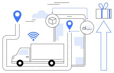 Nakliye kamyonu GPS işaretleriyle bir rota boyunca ilerliyor, akıllı telefona bağlı. Hediye kutusu ve yukarı doğru ok. Lojistik, e-ticaret, navigasyon, dağıtım hizmeti, tedarik zinciri yönetimi için ideal