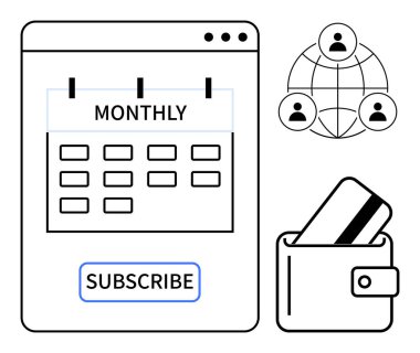 Abonelik düğmesi olan aylık takvim, kredi kartı tutan cüzdan, birbirine bağlı kullanıcı simgeleri. Ekomünikasyon, abonelik, fatura yönetimi, mali planlama, çevrimiçi hizmetler, topluluk için ideal
