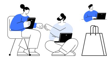 İşbirlikçi takım dizüstü bilgisayarlar ve tabletler üzerinde çalışıyor, fikir alışverişinde bulunuyor, sandalyelerde ve yerde oturuyor, yumruk tokuşturuyor. Takım çalışması için ideal, uzak çalışma, dijital işbirliği, iş toplantıları, çevrimiçi