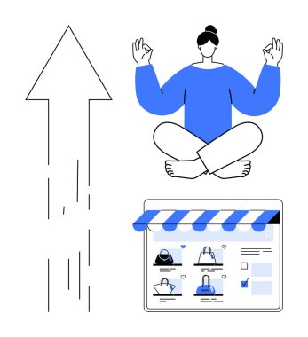 Yukarı ok ve online alışveriş platformu ile meditasyon yapan biri. E-ticaret başarısı, farkındalık, verimlilik, iş büyümesi, dijital pazarlama, online alışveriş, kendini geliştirme için idealdir. Çizgi