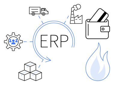 ERP text connected with manufacturing plant, delivery truck, wallet with cards, gearwheel, cubes, and flame icon. Ideal for business management, finance, manufacturing inventory logistics clipart