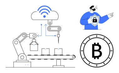 Taşıyıcı banttaki robot kol, bulut ağı bağlantısı, kalkan figürü, Bitcoin sembolü. Engelleme zinciri, IoT, siber güvenlik, otomasyon, fintech, Endüstri 4.0, gelecek teknoloji sunumları için ideal