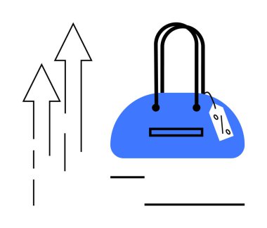 Üzerinde fiyat etiketi olan mavi bir çanta, yukarı doğru üç ok. Moda perakende, e-ticaret, satış büyümesi, alışveriş trendleri, ürün pazarlama, iş performansı, müşteri ilişkileri için idealdir. Çizgi