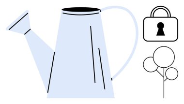 Sulama kutusu, asma kilit ve ağaç birleşimi beslenme, güvenlik ve gelişimi sembolize eder. Bahçe işleri, güvenlik, büyüme stratejileri, güvenlik kişisel büyüme çevresel bakımı ve ev için ideal