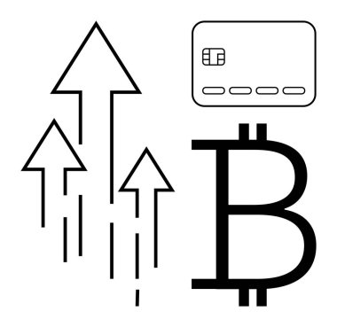 Bitcoin sembolü ve kredi kartının yanındaki yukarı bakan oklar finansal büyüme, kripto para birimi ve dijital işlemleri vurguluyor. Fintech, engelleme zinciri, sanal bankacılık ve yatırım için ideal