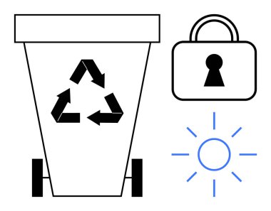 Geri dönüşüm kutusu, geri dönüşüm okları, anahtar deliği olan bir kilit ve geri dönüşüm, güvenlik ve yenilenebilir enerjiyi sembolize eden ışınlı bir güneş. Çevre koruma, veri güvenliği ve enerji için ideal