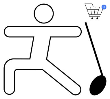 Sopa figürü golf sopasını üç öğe gösteren bir alışveriş arabası ikonuyla topa doğru sallıyor. Alışveriş, spor coşkusu, online alışveriş, golf, aktivite takibi, e-ticaret, dijital