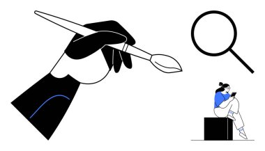 Büyük büyüteçlerin yanında el fırçası ve telefon kullanarak küpün üzerinde oturan bir kadın. Yaratıcılık, araştırma, odaklanma, teknoloji, analiz, sanat, problem çözme temaları için idealdir. Çizgi