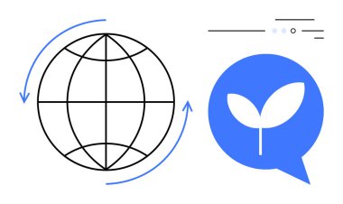Küre, içinde bitki filizi bulunan mavi bir konuşma balonunun yanındaki oklarla çevrili. Çevre koruma, çevre dostu uygulamalar, küresel iletişim, sürdürülebilirlik, iklim değişikliği için ideal