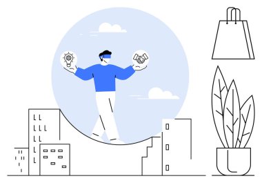 Kenarda bir alışveriş torbası ve bitki ile şehir binaları üzerinde bireysel denge fikirleri ve ortaklıklar. İş için ideal, takım çalışması, yenilik, ortaklık, şehir hayatı, alışveriş doğası. Çizgi