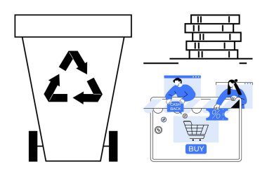Satın alma düğmeli alışveriş arabası, nakit para teklifleri, sembollü geri dönüşüm kutusu ve istiflenmiş paralar. E-ticaret, sürdürülebilirlik, finans, müşteri ödülleri, çevre kampanyaları, çevrimiçi
