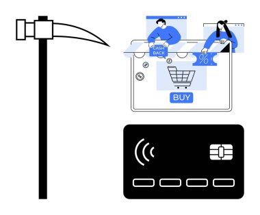 Kazma, laptop ekranı Buy düğmeli alışveriş arabası, kredi kartı, insanların e-ticaret elemanlarıyla etkileşimi. E-ticaret için ideal, çevrimiçi alışveriş, dijital ödemeler, nakit para