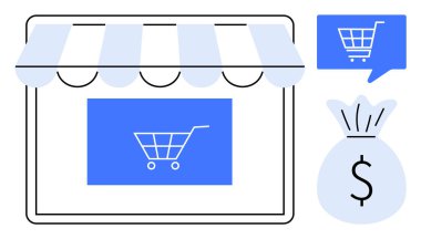 Alışveriş arabası ikonu, sepetli konuşma balonu ve dolar işaretli para çantası olan bir e-ticaret mağazası. Çevrimiçi alışveriş, perakende satış, İnternet işi, e-ticaret platformları, dijital