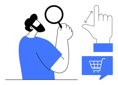 Büyüteç tutan adam, oklu el hareketi simgesi ve alışveriş arabası ikonu. E-ticaret, kullanılabilirlik testi, çevrimiçi alışveriş, kullanıcı deneyimi tasarımı, arama işlevselliği için ideal