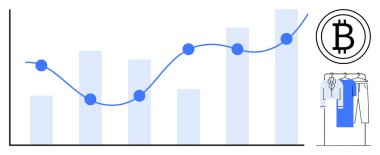 Kripto para birimi değer artışının bar ve çizgi çizelgesi Bitcoin sembolü, askıdaki giysiler. Finansal analiz, kripto para birimi eğilimleri, yatırım fırsatları, pazar anlayışı, ekonomik çalışmalar için ideal