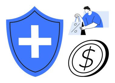 Üzerinde haç olan büyük mavi bir kalkan, alışveriş torbaları tutan biri ve dolar işareti ikonu. Finans, güvenlik, alışveriş, tasarruf, çevrimiçi işlemler için ideal sağlık hizmetleri tüketicilerin korunmasına malolur. Çizgi