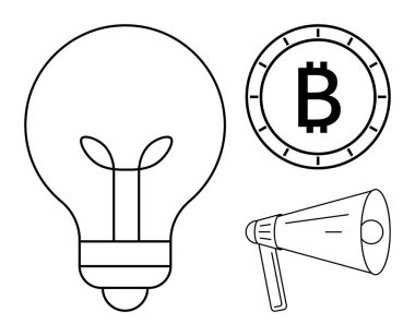 Ampul, Bitcoin sembolü ve fikirleri, dijital para birimini ve iletişimi temsil eden megafon ana hatlı görüntüler. İş, finans, teknoloji, pazarlama yenilik girişimciliği için ideal