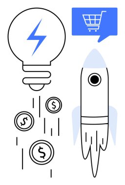 Mavi yıldırımlı ampul, bozuk paralar, roket gemisi ve mavi alışveriş arabası ikonu. Girişimcilik, girişimcilik, e-ticaret, yenilik, finans, yatırım ve teknoloji için idealdir. Çizgi