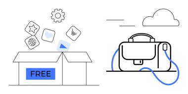 FREE etiketli kutuyu aç dijital uygulama simgeleri, dişliler, oynat düğmesi, mavi kayışlı çanta bulutlara karşı. Yazılım, uygulama, depolama, indirme, mobil aygıtlar, organizasyon için ideal