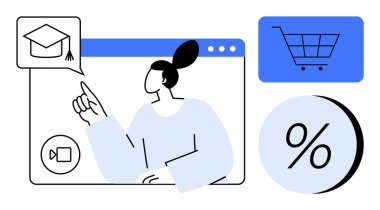 Online ekrana, mezuniyet şapkasına, alışveriş arabasına ve yüzde sembolüne bakan bir kadın. Çevrimiçi eğitim, e-ticaret, indirimler, dijital öğrenme, perakende stratejisi, pazarlama için ideal