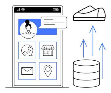 Kullanıcı profilli akıllı telefon ekranı, iletişim simgeleri, konum, depolama ve mesaj bildirimi. Oklar, sunucu ve ayakkabı tarafından temsil edilen veri büyümesi. Teknoloji için ideal, iletişim, sosyal