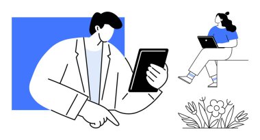 İşadamı tablet ve işaret kullanıyor. Dizüstü bilgisayarla çalışan kadın ve yapraklı çiçek. Uzak çalışma, dijital iş, eğitim, teknoloji, iletişim, üretkenlik, çevrimiçi için ideal