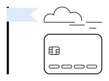Bulut ve bayrağın yanında dijital kredi kartı çipi. Çevrimiçi ödemeler için ideal, finans uygulamaları, bankacılık hizmetleri, dijital güvenlik, bulut hesaplama, bağlantı, fintech yenilikleri. Satır metaforu
