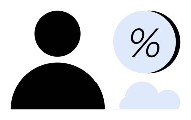Yüzdelik işareti ve bulut içeren bir çemberin yanında sadeleştirilmiş insan silueti. Mali veriler, analitik, bulut hesaplama, istatistik, iş çözümleri, tahmin modelleme için ideal