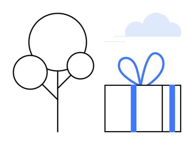 Açık mavi bulutun altında mavi kurdeleye sarılı bir hediye kutusunun yanında üç yuvarlak yapraklı sade siyah ağaç. Kutlamalar, mevsimler, doğa, hediyeler, tebrik kartları, dekorasyon için ideal.