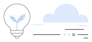 Bulutların yanında büyümeyi sembolize eden bir bitki içeren ampul. Sürdürülebilirlik, çevre dostu teknoloji, yenilik, çevre koruma, yenilenebilir enerji, yaratıcı fikirler için ideal