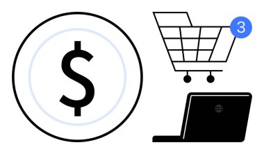 Çemberde dolar işareti, üç tebligatlı alışveriş arabası ve dizüstü bilgisayar simgesi. E-ticaret, online alışveriş, mobil uygulamalar, bildiriler, iş finansmanı dijital pazarlama için idealdir. Çizgi