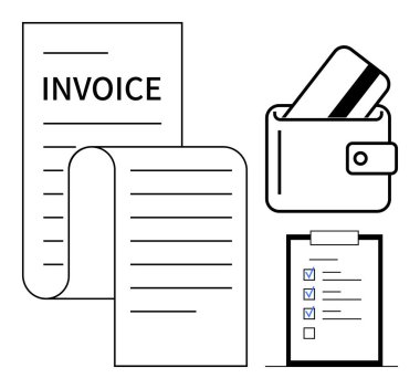 Fatura, cüzdanda kredi kartı ve kontrol listesi. Finans, muhasebe, muhasebe, muhasebe, alışveriş, bütçe yönetimi işletmeleri için idealdir. Satır metaforu