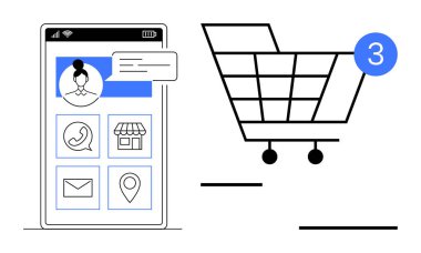 Kullanıcı profilli cep telefonu ekranı ve üç ögeyi gösteren bir alışveriş arabasının yanında çeşitli uygulama simgeleri. E-ticaret, çevrimiçi alışveriş, perakende, müşteri hizmetleri, kullanıcı arayüzü tasarımı için ideal