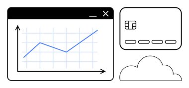 Yükselen trend çizelgesi, kredi kartı ve bulut simgesi. Finans, veri analizi, bulut hesaplama, e-ticaret, çevrimiçi ödemeler finansal büyüme ve veri güvenliği için ideal. Satır metaforu