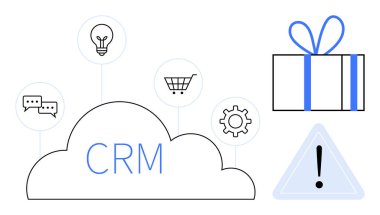 CRM bulutu sohbet, alışveriş arabası, ampul, dişli, hediye ve uyarı üçgenini temsil eden ikonlarla çevrilidir. CRM yazılımı, iletişim araçları, e-ticaret pazarlama stratejileri müşterisi için ideal