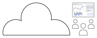 Geniş bulut çizgisi, grafikleri, grafikleri ve kullanıcı simgeleri olan dijital panel. Bulut teknolojisi, veri analizi, siber güvenlik, uzaktan çalışma, SaaS, çevrimiçi işbirliği, dijital dönüşüm için ideal